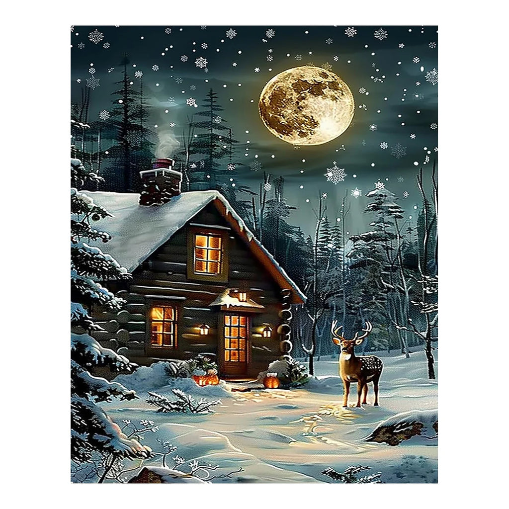 Original artwork for Moonlit Cabin Snowfall