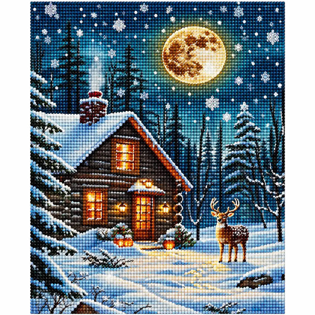 Finished diamond painting for Moonlit Cabin Snowfall