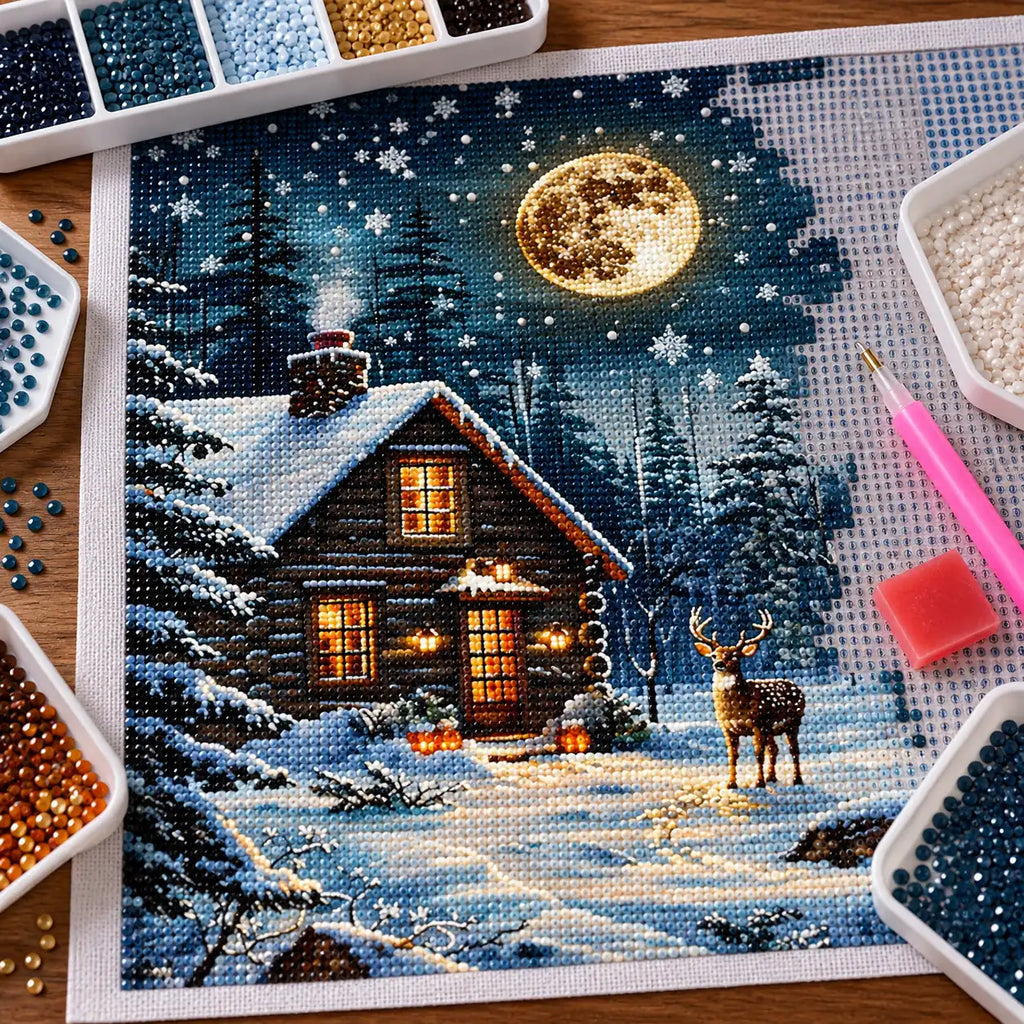 Diamond painting process for Moonlit Cabin Snowfall