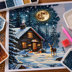 Diamond painting process for Moonlit Cabin Snowfall
