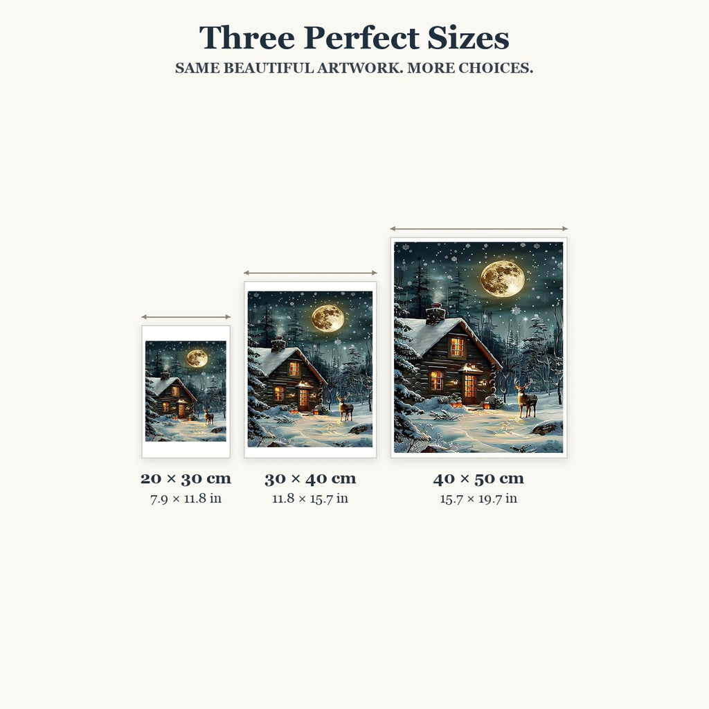 20 × 30, 30 × 40 and 40 × 50 cm size guide for Moonlit Cabin Snowfall