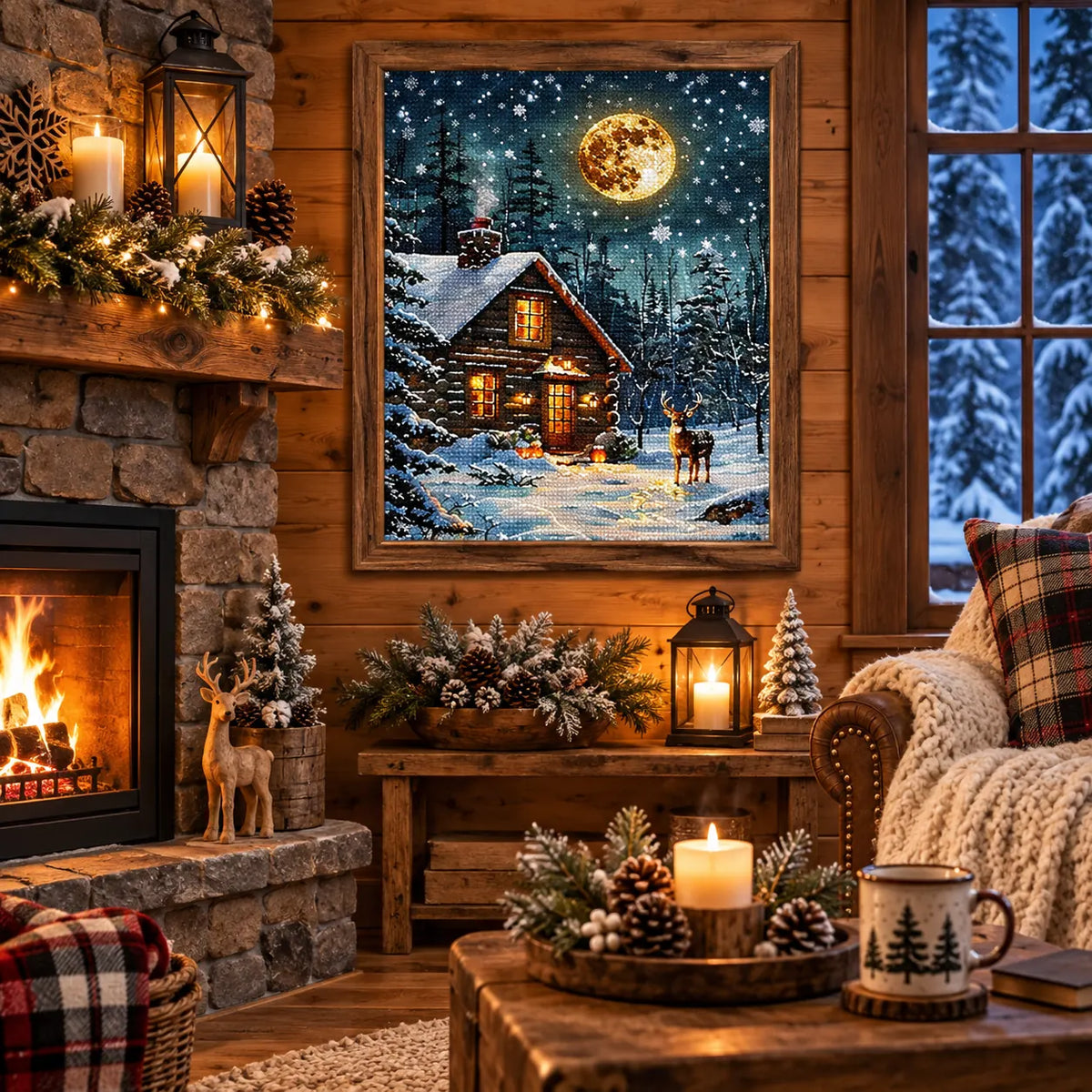 Home decor scene for Moonlit Cabin Snowfall
