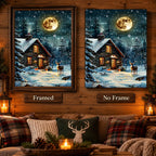 Framed and no-frame options for Moonlit Cabin Snowfall