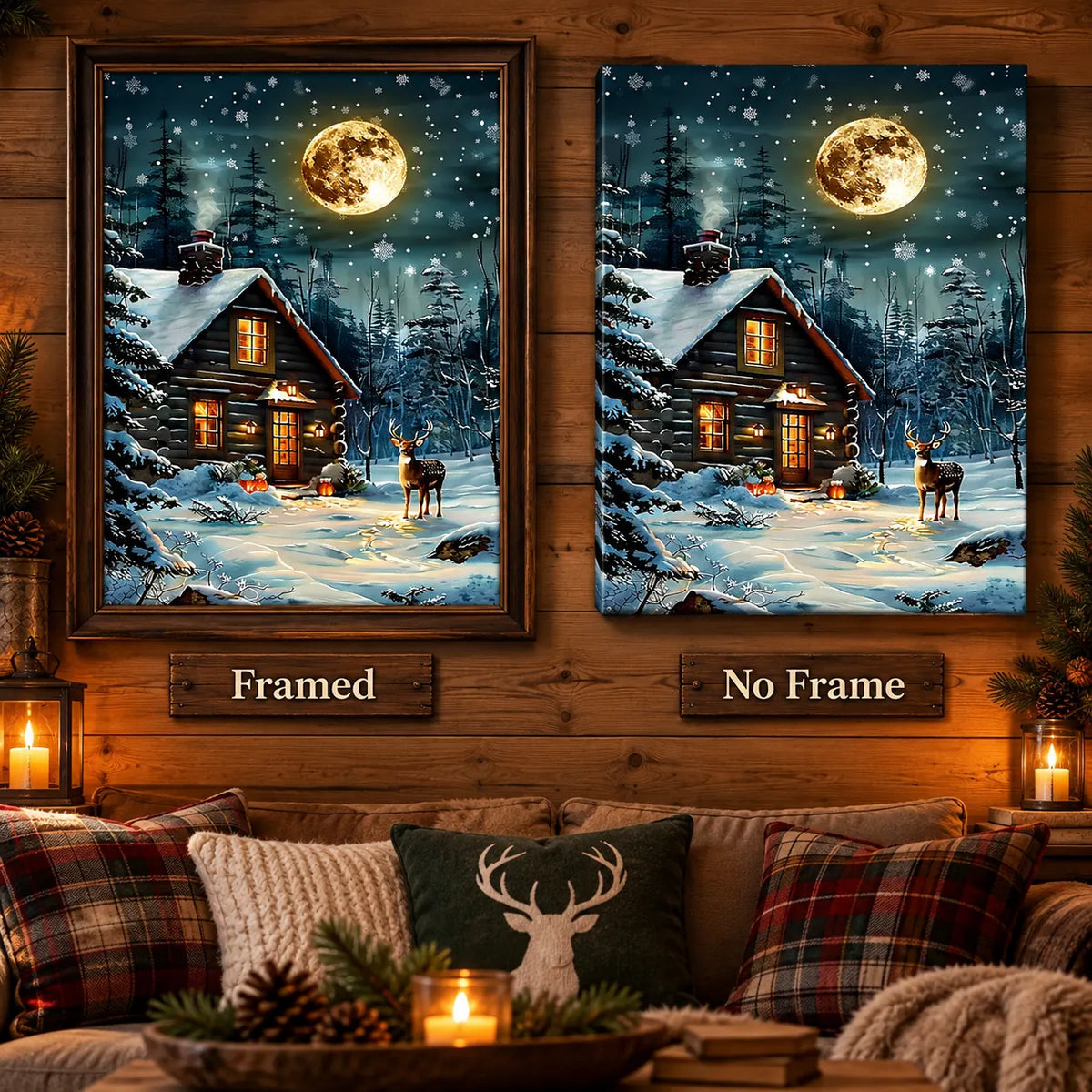 Framed and no-frame options for Moonlit Cabin Snowfall