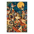 White-background original artwork of three geometric cats beneath a golden full moon in a colorful storybook village for a diamond painting kit