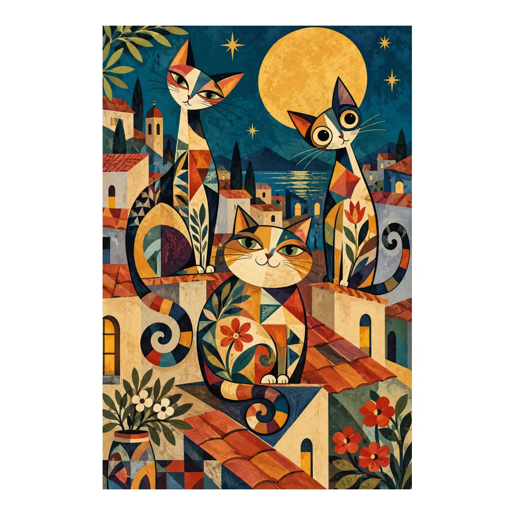 White-background original artwork of three geometric cats beneath a golden full moon in a colorful storybook village for a diamond painting kit