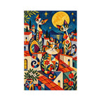 White-background finished diamond painting of three geometric cats beneath a golden full moon in a colorful storybook village with sparkling drills