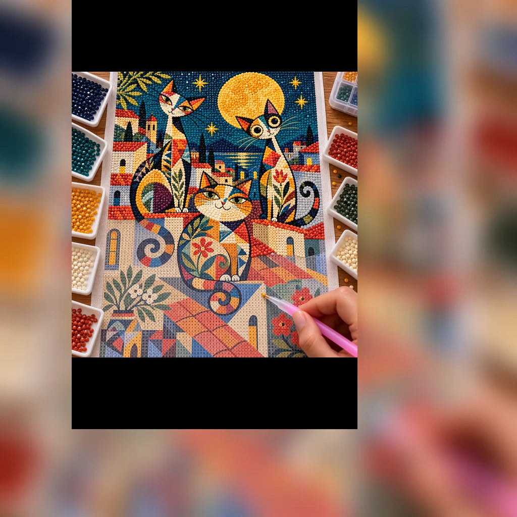 Diamond painting process showing three geometric cats beneath a golden full moon in a storybook village being completed with a stylus