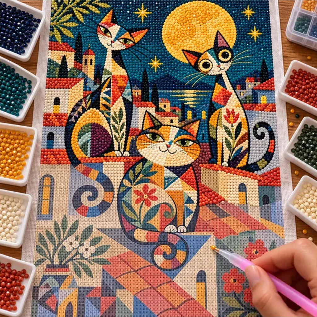 Diamond painting process showing three geometric cats beneath a golden full moon in a colorful storybook village being completed with a stylus
