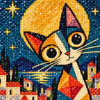 Close-up diamond drill detail of a geometric cat beneath a golden full moon in a colorful storybook village artwork