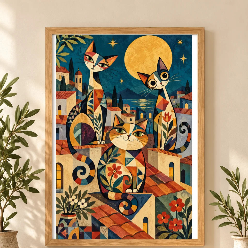 Framed three geometric cats beneath a golden full moon in a colorful storybook village diamond painting displayed as home decor