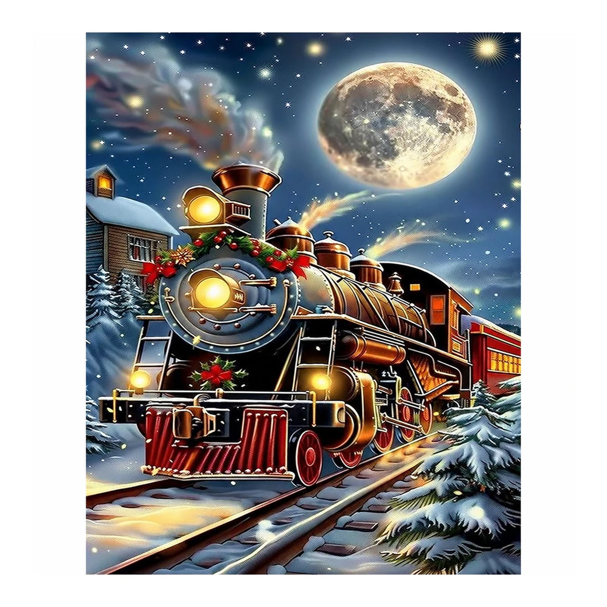 Original artwork showing moonlit christmas express.