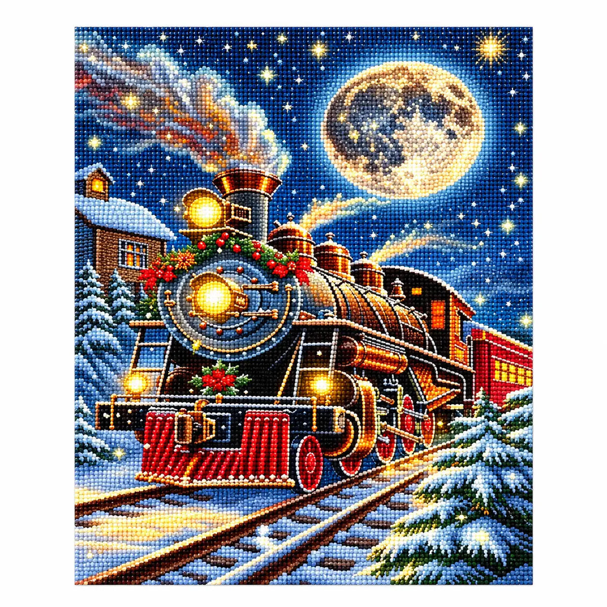 Finished diamond painting of moonlit christmas express.