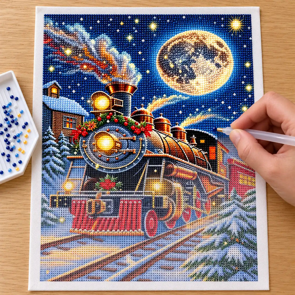 Diamond painting process for moonlit christmas express.