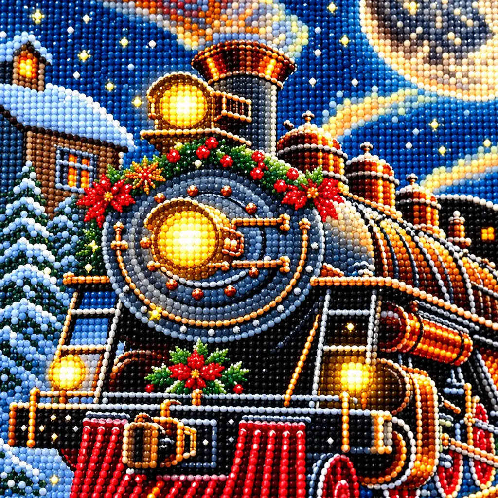Close-up of diamond drill details in moonlit christmas express.