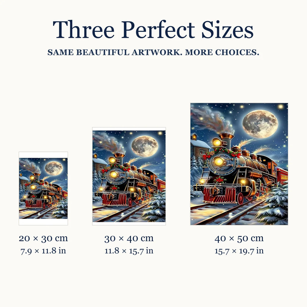 Size guide for Moonlit Christmas Express Diamond Painting Kit: 20 × 30 cm, 30 × 40 cm, and 40 × 50 cm.