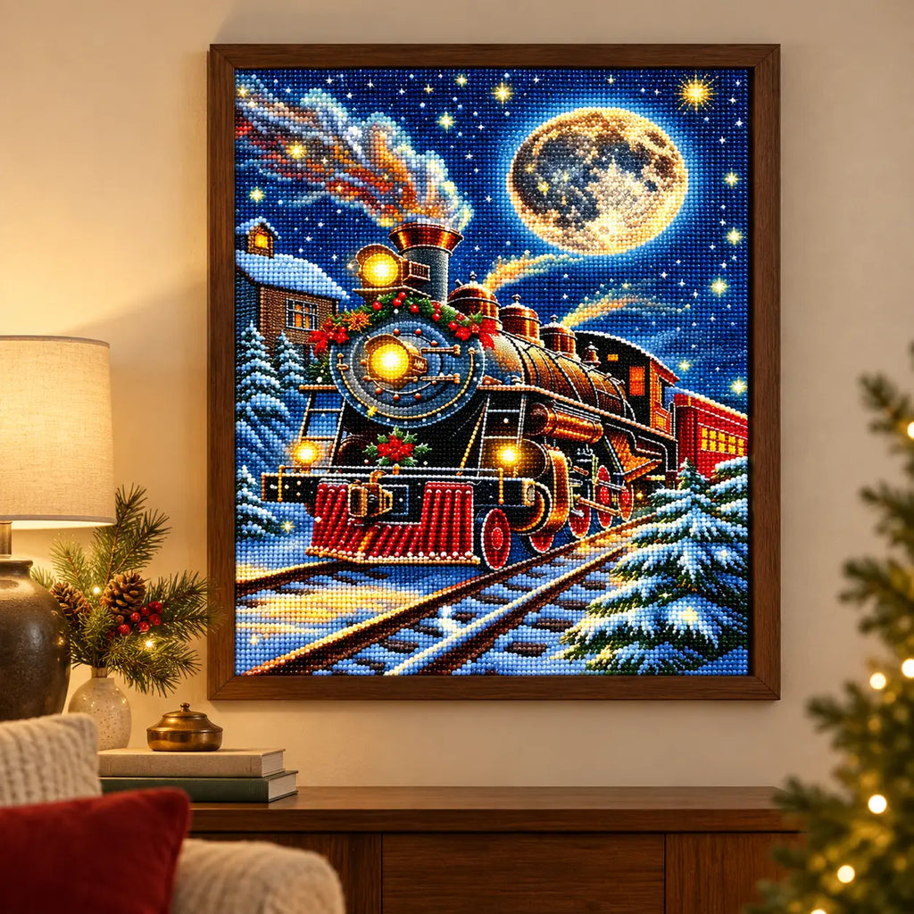 Home decor scene showing moonlit christmas express displayed on a wall.