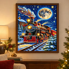 Home decor scene showing moonlit christmas express displayed on a wall.