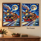 Framed and no-frame comparison for Moonlit Christmas Express Diamond Painting Kit.
