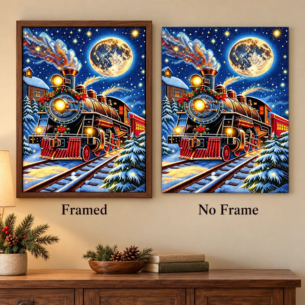 Framed and no-frame comparison for Moonlit Christmas Express Diamond Painting Kit.