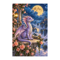 White-background original artwork of a lavender dragon in a moonlit cloud garden
