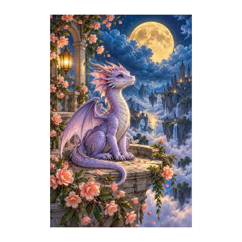White-background original artwork of a lavender dragon in a moonlit cloud garden