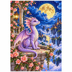 White-background finished diamond painting of a lavender dragon beneath a full moon