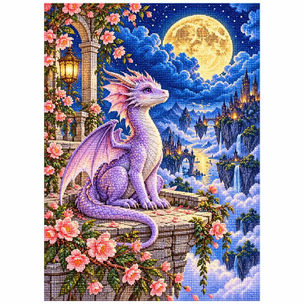 White-background finished diamond painting of a lavender dragon beneath a full moon