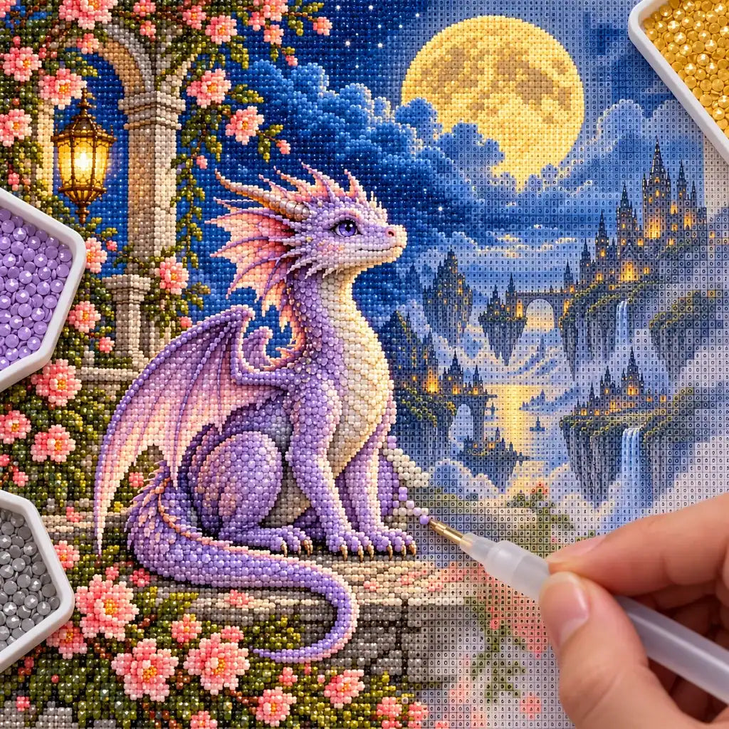 Hands placing drills on the moonlit dragon diamond painting