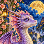 Close-up diamond drill detail on the lavender dragon and moonlit flowers