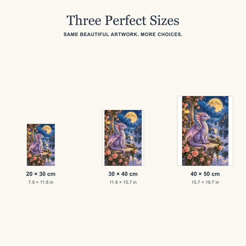 Moonlit dragon cloud garden diamond painting in 20 by 30, 30 by 40, and 40 by 50 cm sizes