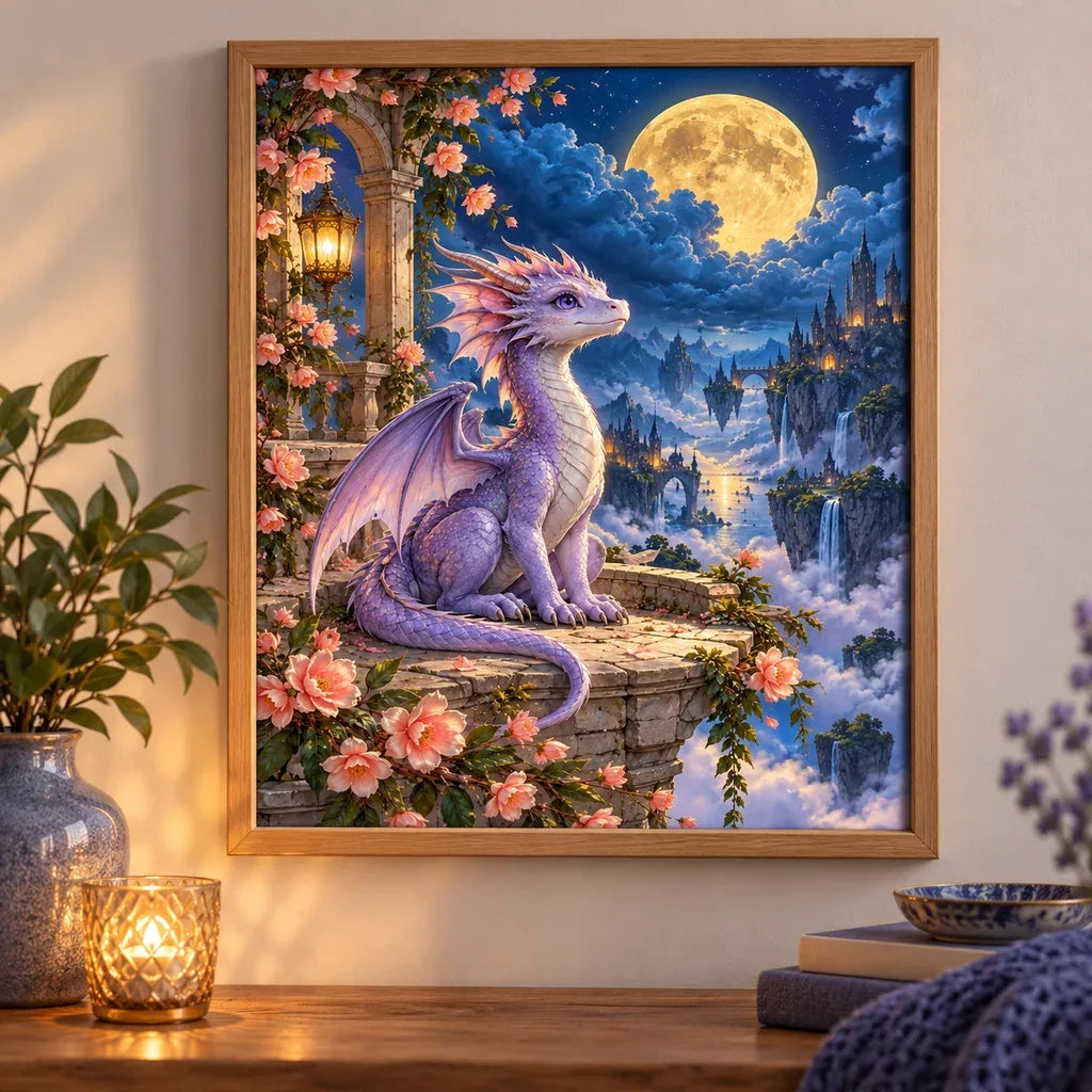 Moonlit dragon cloud garden diamond painting displayed in a bright living room