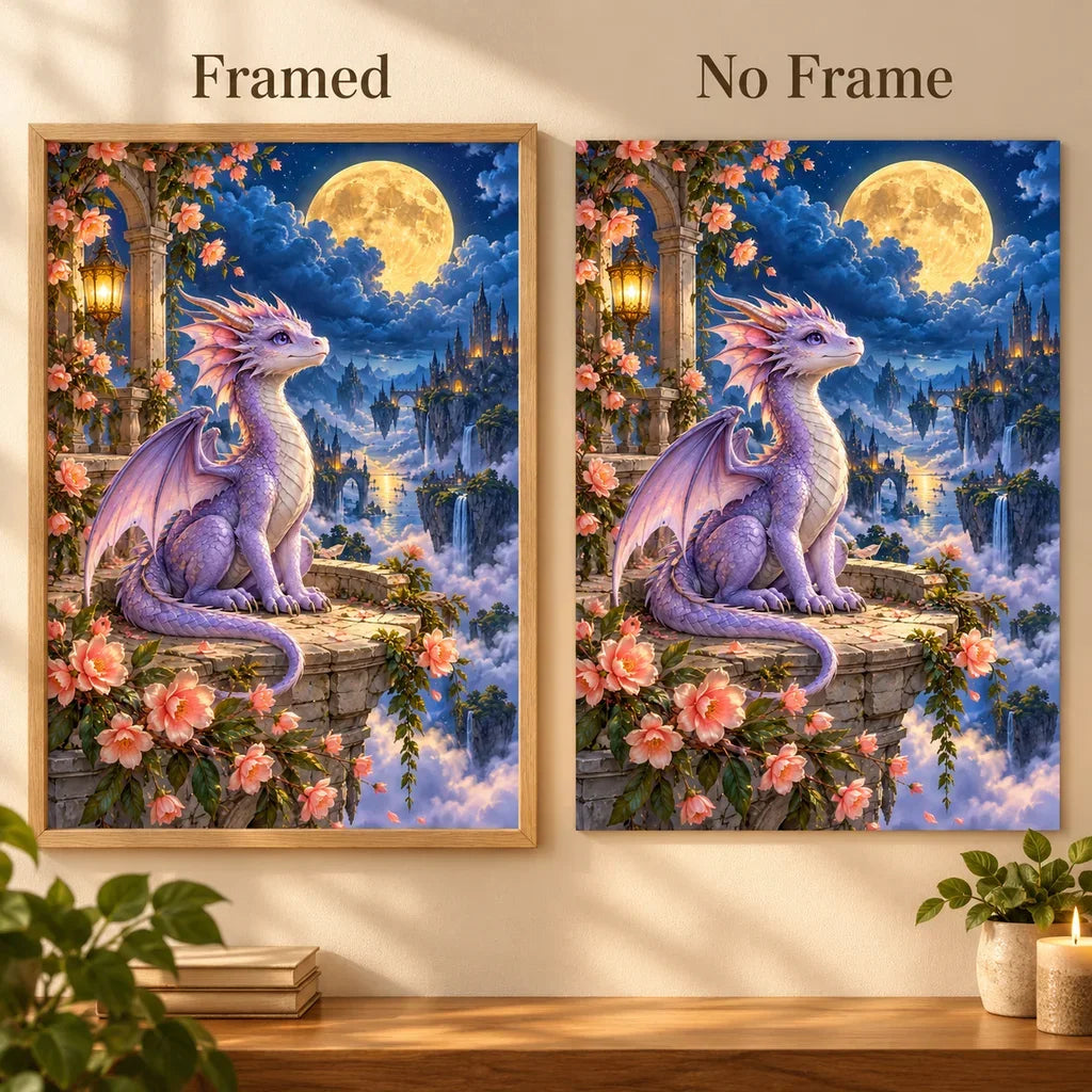 Framed and no-frame options for the moonlit dragon diamond painting