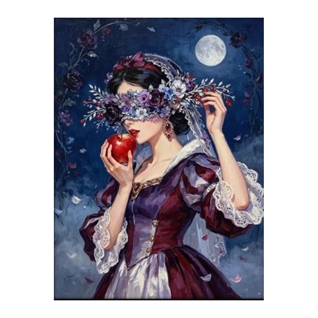 White-background original artwork of a moonlit bride with a floral veil holding a red apple