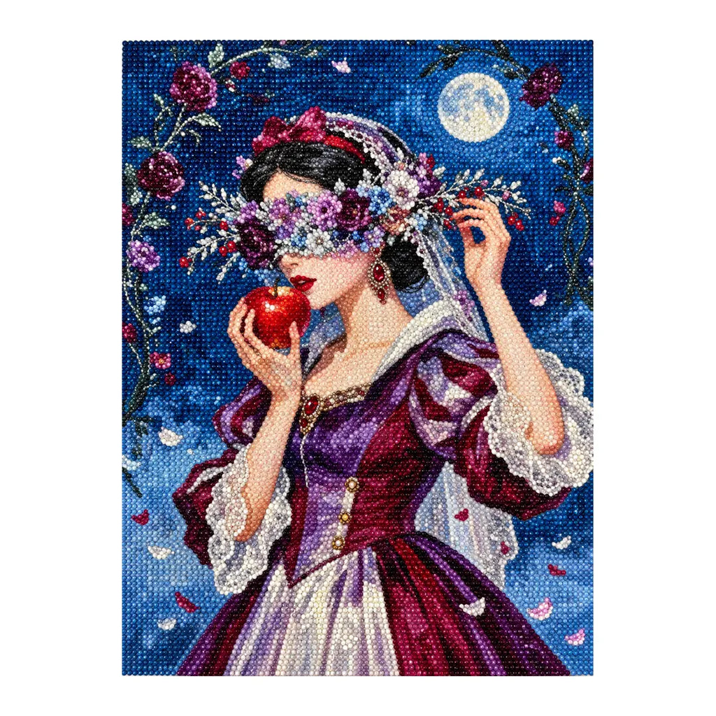 White-background diamondized artwork of a moonlit bride with a floral veil holding a red apple