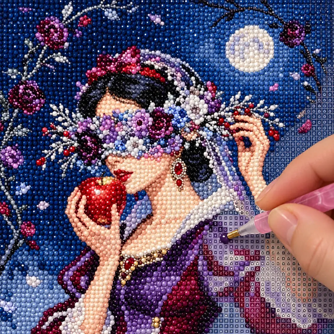 Diamond painting process showing a floral bride holding a red apple being completed with a stylus
