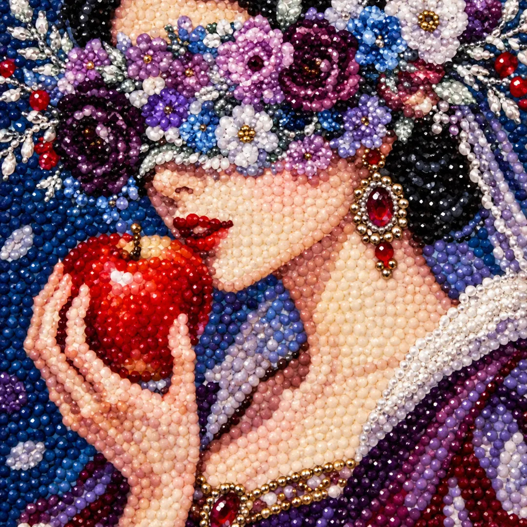 Close-up diamond drill detail of a floral veil and red apple beneath the moon