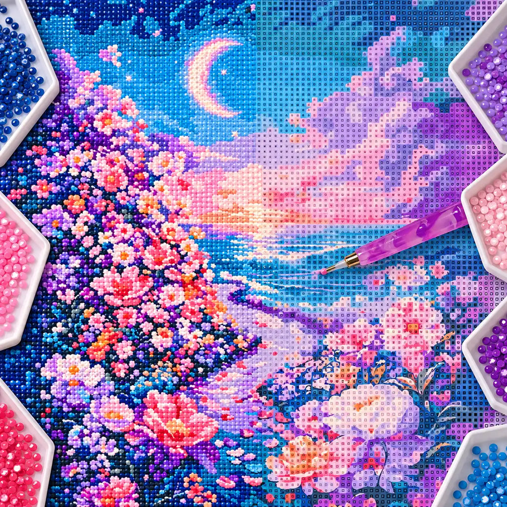 Diamond painting process for Moonlit Floral Shore Diamond Painting Kit