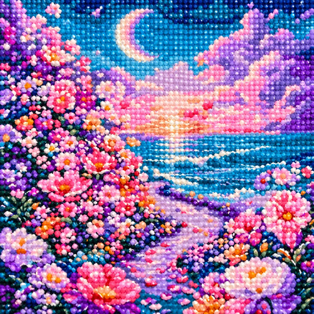 Diamond detail for Moonlit Floral Shore Diamond Painting Kit