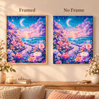 Framed and no-frame comparison for Moonlit Floral Shore Diamond Painting Kit