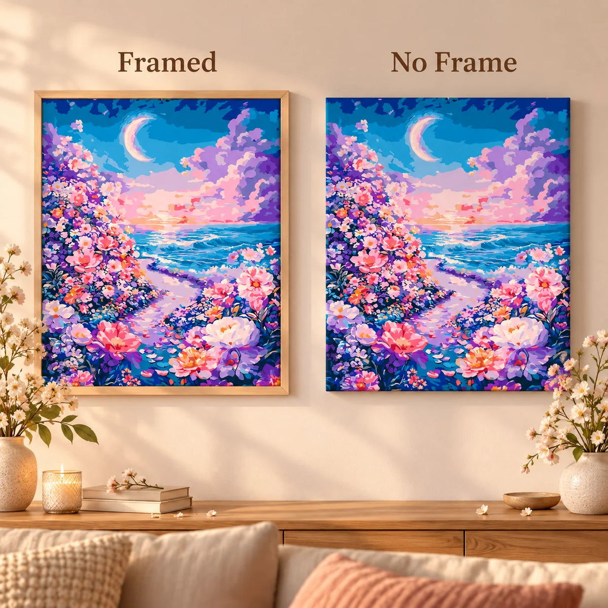 Framed and no-frame comparison for Moonlit Floral Shore Diamond Painting Kit