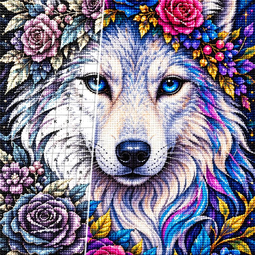 Moonlit Floral White Wolf Diamond Painting Kit — Diamond and canvas detail