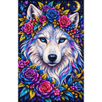 Moonlit Floral White Wolf Diamond Painting Kit — Finished white-background diamond painting