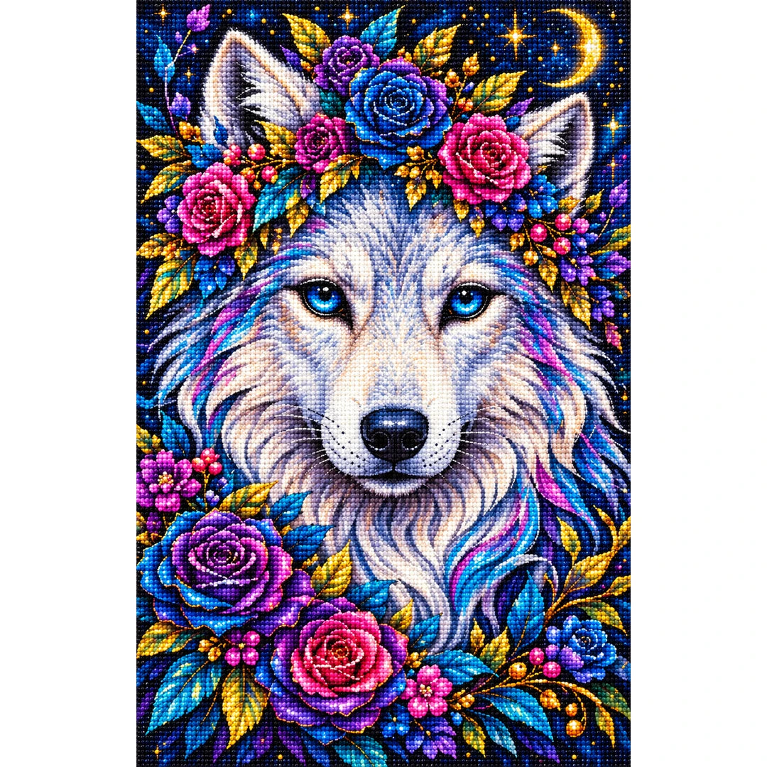 Moonlit Floral White Wolf Diamond Painting Kit — Finished white-background diamond painting