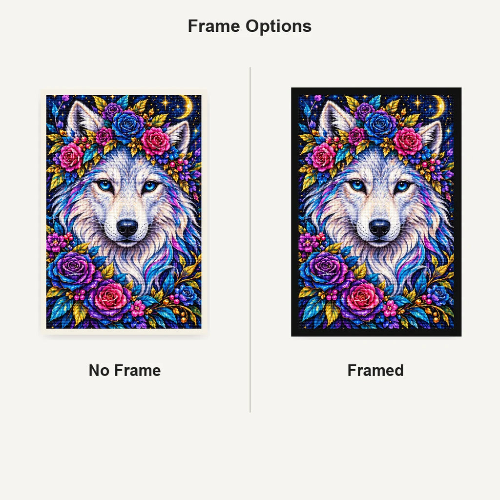 Moonlit Floral White Wolf Diamond Painting Kit — No Frame and Framed comparison