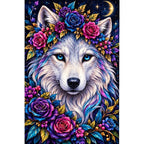 Moonlit Floral White Wolf Diamond Painting Kit — original white-background artwork