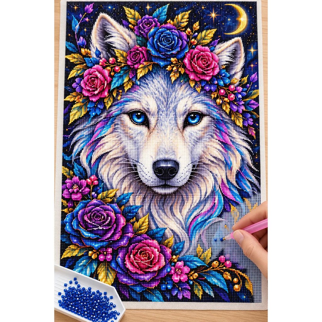 Moonlit Floral White Wolf Diamond Painting Kit — Diamond painting process