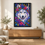 Moonlit Floral White Wolf Diamond Painting Kit — Home decor scene