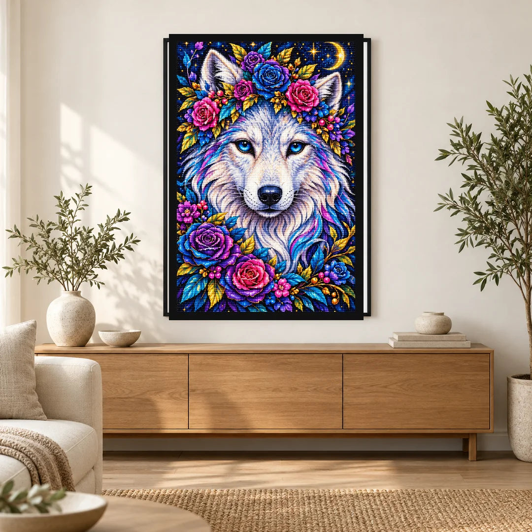 Moonlit Floral White Wolf Diamond Painting Kit — Home decor scene