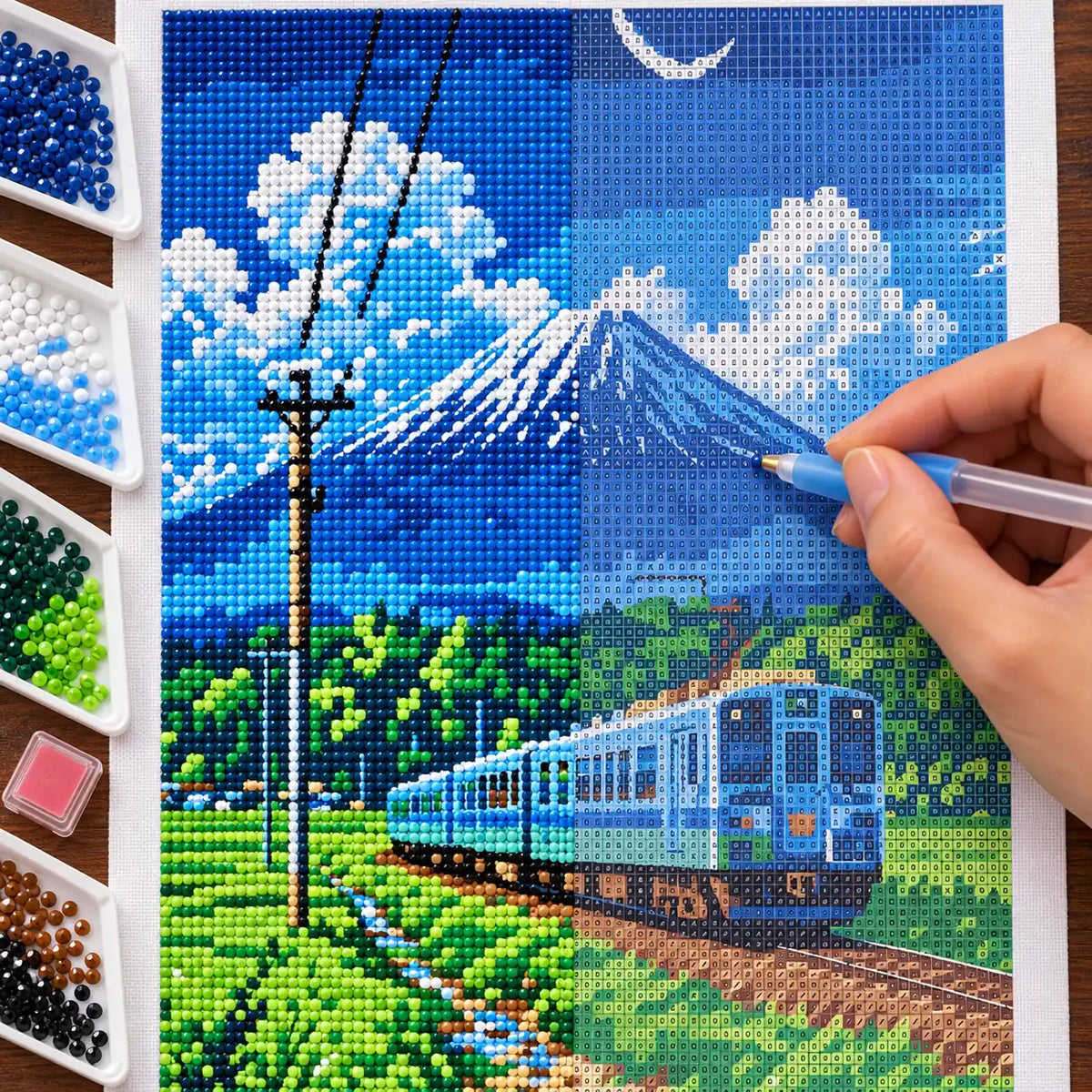 Diamond painting process for Moonlit Mountain Journey Diamond Painting Kit